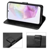 A black flip case for a smartphone is shown, with close-up views of the case's texture and closure mechanism. Produktbild-Vorschau