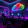 A gaming room setup with a desk, chair, dual monitors, and a decorative cloud light. Produktbild-Vorschau