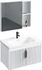 A white bathroom vanity with a sink and a mirrored cabinet above it. Produktbild-Vorschau