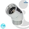 A chrome-plated elbow fitting for a shower hose, shown against a white and light gray background with brand logos. Produktbild-Vorschau
