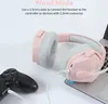 A pink gaming headset is shown connected to a game controller and a laptop, illustrating its wired mode functionality. Produktbild-Vorschau
