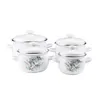 A set of four white enamel pots with a floral pattern, arranged in two stacks. Podgląd zdjęcia produktu