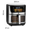 A product shot of an air fryer with dimensions indicated by lines and text. Produktbild-Vorschau