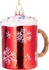 A red glass Christmas ornament shaped like a mug with snowflakes and sprinkles on top. Produktbild-Vorschau
