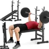 A man is performing a bench press exercise on a weight bench with a barbell.