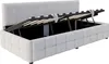 A light gray upholstered bed frame with its storage mechanism open, revealing the hydraulic lift and wooden slats. Produktbild-Vorschau