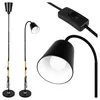 A collage of images showing a black floor lamp with wooden accents, a close-up of the lamp head, and a close-up of the power switch. Náhľad obrázku produktu