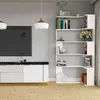 A white L-shaped bookshelf with multiple shelves filled with books and decorative items, placed in a modern living room setting next to a TV stand and a large television. Produktbild-Vorschau