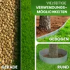 A collage showing different applications of garden edging, including straight edges with gravel and grass, curved edges around a tree, and a circular edge around a tree. Produktbild-Vorschau