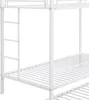 A close-up view of a white metal bunk bed frame, showing the ladder and the slatted bed bases. Voir les images du produit
