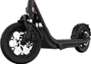 A close-up, studio shot of the front wheel and part of the frame of a black electric scooter. Voir les images du produit
