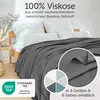 A bed with white pillows and a dark gray blanket draped over it, with a close-up inset of the blanket's texture. Anteprima dell’immagine prodotto