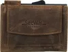 A close-up, front-facing view of a brown leather wallet. Produktbild-Vorschau