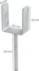 A silver U-shaped post anchor with a metal stake, showing dimensions. Produktbild-Vorschau
