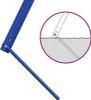 A close-up view of a blue metal swing set component, with a magnified inset showing a detail of how it connects to the ground. Produktbild-Vorschau