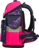 A side view of a pink and navy blue school backpack with a star pattern. Voir les images du produit