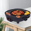 A multi-functional electric grill and hot pot is shown on a table, with food being cooked on it. Produktbild-Vorschau