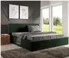 A modern bedroom with a green upholstered bed and large windows overlooking a garden. Produktbild-Vorschau