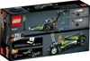 The back of a LEGO Technic 42103 Dragster Rennauto set box, showing the assembled models and features. Náhled obrázku produktu