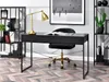 A modern home office setup with a black desk, gold lamp, and black chair. Voir les images du produit