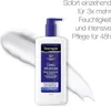 A Neutrogena Deep Moisture Body Lotion bottle is shown with a swirl of lotion next to it, against a white background. Text overlays describe the product's benefits. Voir les images du produit
