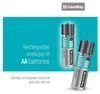 Two rechargeable AA batteries with USB charging ports are displayed against a turquoise and white background, with text highlighting their features. Náhled obrázku produktu