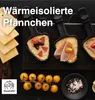 Raclette pans filled with cheese and toppings, with cherry tomatoes and spices on a dark background. Produktbild-Vorschau