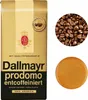 A bag of Dallmayr Prodomo decaffeinated whole bean coffee, with a circular inset showing coffee beans and another showing a coffee puck. Podgląd zdjęcia produktu