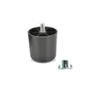 A black plastic furniture foot with a silver screw thread and a separate metal t-nut are shown against a white background. Produktbild-Vorschau