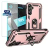 A rose gold phone case and screen protector are displayed, with text overlays highlighting product features. Produktbild-Vorschau