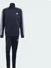A navy blue Adidas tracksuit with white stripes on the sleeves and legs, displayed against a light gray background. Produktbild-Vorschau