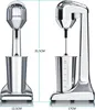 Two views of a silver electric drink mixer with a cup, showing dimensions. Produktbild-Vorschau