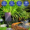 A solar-powered pond aerator is shown in a pond with koi fish and aquatic plants. The aerator has a solar panel and a pump with tubing and air stones. Produktbild-Vorschau