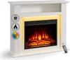 A white electric fireplace with a realistic flame effect and a remote control. Produktbild-Vorschau