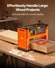 A wood planer is shown processing a piece of lumber, with sawdust scattered around. Text overlays highlight its capabilities. Náhľad obrázku produktu
