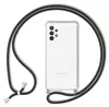 A transparent phone case with a black lanyard and silver accents, shown on a white background. Produktbild-Vorschau