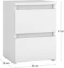 A white bedside table with two drawers, shown from a slight angle with dimensions indicated. Náhľad obrázku produktu