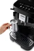 A person is using a DeLonghi Magnifica Evo coffee machine to froth milk in a metal pitcher. Produktbild-Vorschau