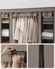 A collage of images showing a fabric wardrobe with clothes and folded items, including close-ups of its features like the zipper and fastening. Náhled obrázku produktu