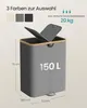 A grey laundry basket with a wooden rim and a split lid, shown with dimensions and color options. Produktbild-Vorschau