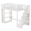 A white loft bed with integrated storage stairs and shelving units, shown against a white background. Produktbild-Vorschau
