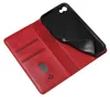 A red leather flip phone case is shown open, revealing the black inner phone holder. Produktbild-Vorschau