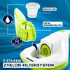 A collage displaying features of a handheld vacuum cleaner against a blue, wavy background. Anteprima dell’immagine prodotto