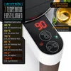 A close-up of a modern electric kettle with a digital display showing the temperature, surrounded by text and graphics highlighting its features. Voir les images du produit