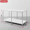 A modular shelving unit or lowboard with a metal frame and white shelves, shown against a plain background with dimensions indicated. Anteprima dell’immagine prodotto