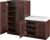A dark brown shoe cabinet with a white cushioned bench attached. Voir les images du produit