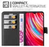 A black wallet-style phone case is shown open, displaying card slots and a euro banknote, with a smartphone screen visible. Anteprima dell’immagine prodotto