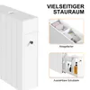 A white narrow cabinet with drawers and shelves, shown with product features highlighted. Produktbild-Vorschau