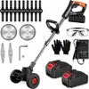 A collection of items for a cordless grass trimmer, including the trimmer itself, batteries, charger, safety glasses, gloves, and various cutting attachments, laid out on a white background. Produktbild-Vorschau
