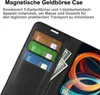 A close-up view of a black leather wallet-style phone case with credit cards and cash inserted, showcasing its storage capacity. Produktbild-Vorschau